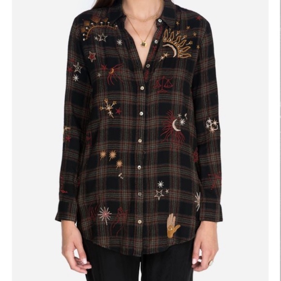Johnny Was Workshop Astraea Embroidered Black Velvet-back Button Shirt Size M - Picture 1 of 16